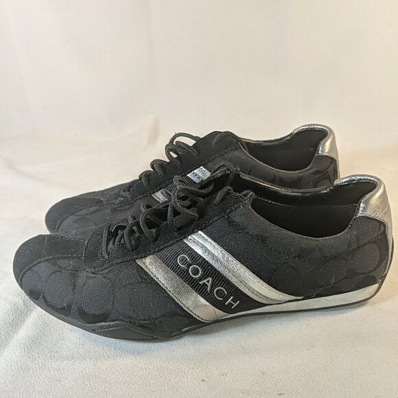 Coach Jayme Black Sneakers Shoes Q582 Womens US 8.5 Black Silver Monogram Tennis - Picture 1 of 12